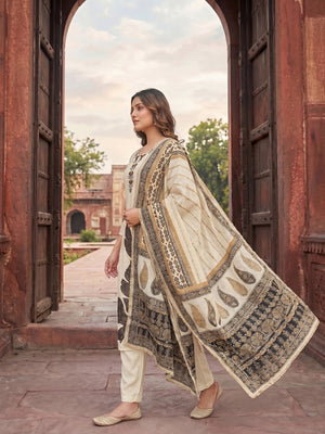 Cream Viscose Floral Embroidered Salwar Suit with Dupatta Ethnic Wear - Image 2
