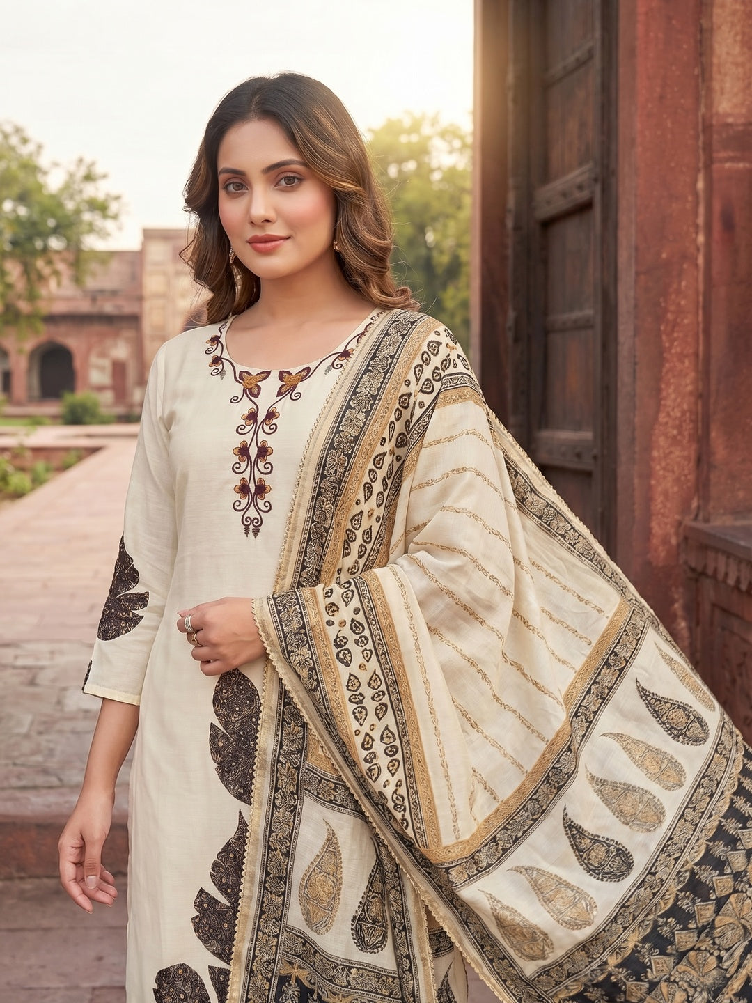 Cream Viscose Floral Embroidered Salwar Suit with Dupatta Ethnic Wear - Image 4