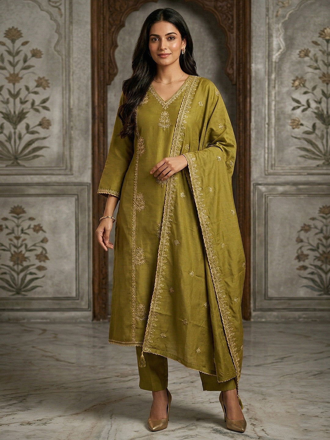 Olive Viscose A-Line Salwar Suit for Women with Delicate Embroidery For Elegant Ethnic Wear - Image 1