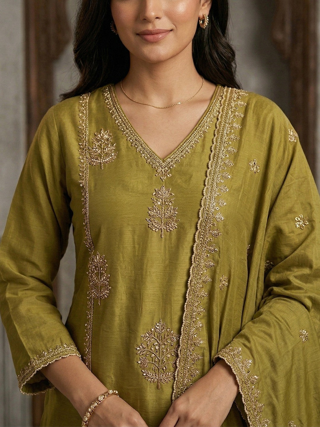 Olive Viscose A-Line Salwar Suit for Women with Delicate Embroidery For Elegant Ethnic Wear - Image 4