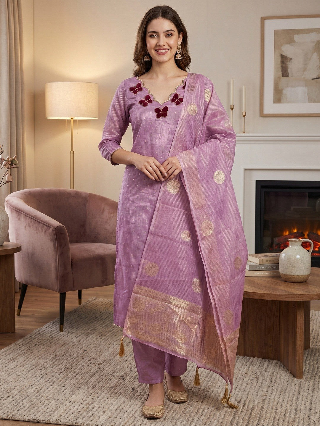 Premium Lavender Striped Weaving Silk Blend Dress Material Enhanced with Beads & Moti Hand Work - Image 2