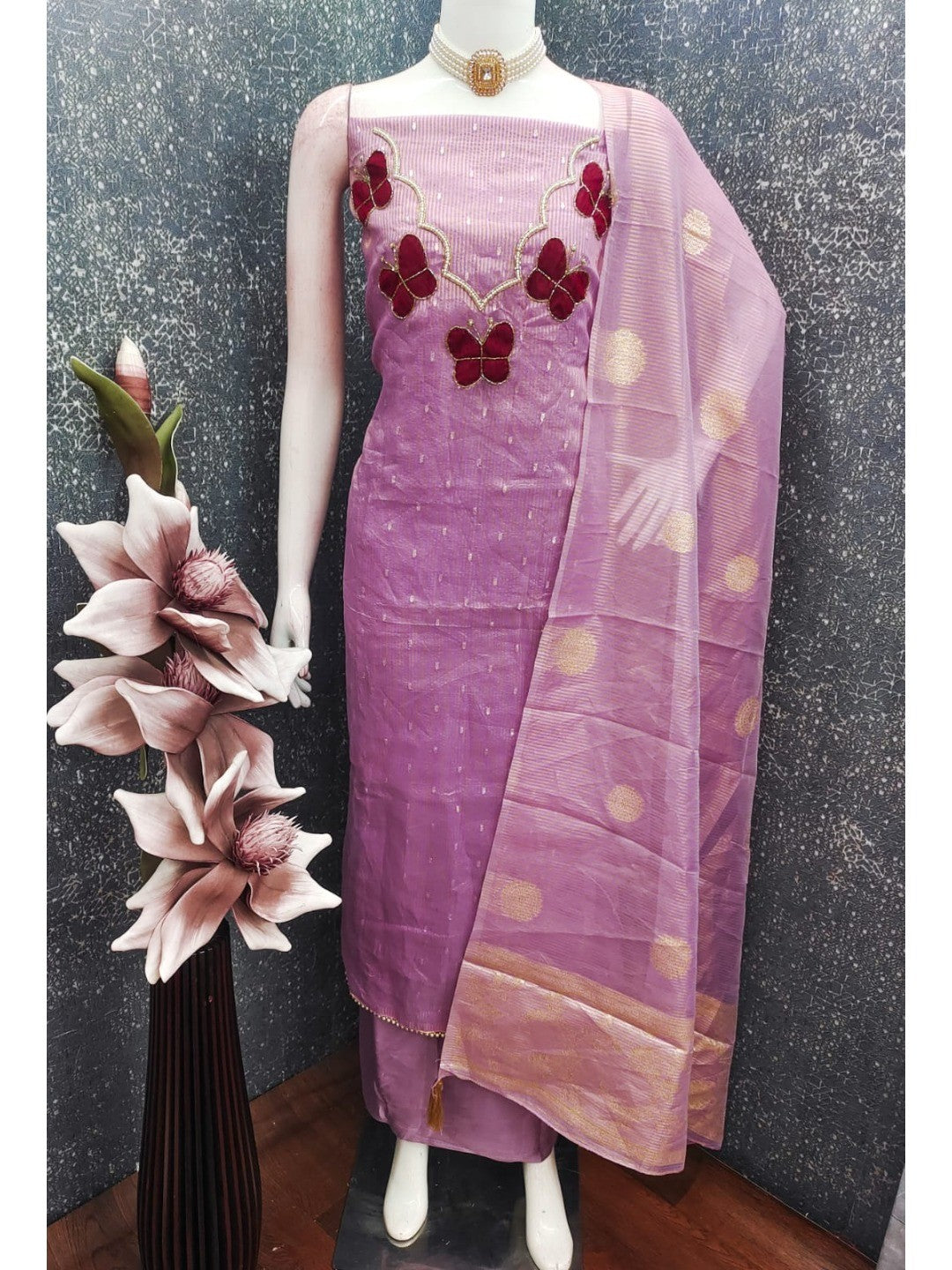 Premium Lavender Striped Weaving Silk Blend Dress Material Enhanced with Beads & Moti Hand Work - Image 3