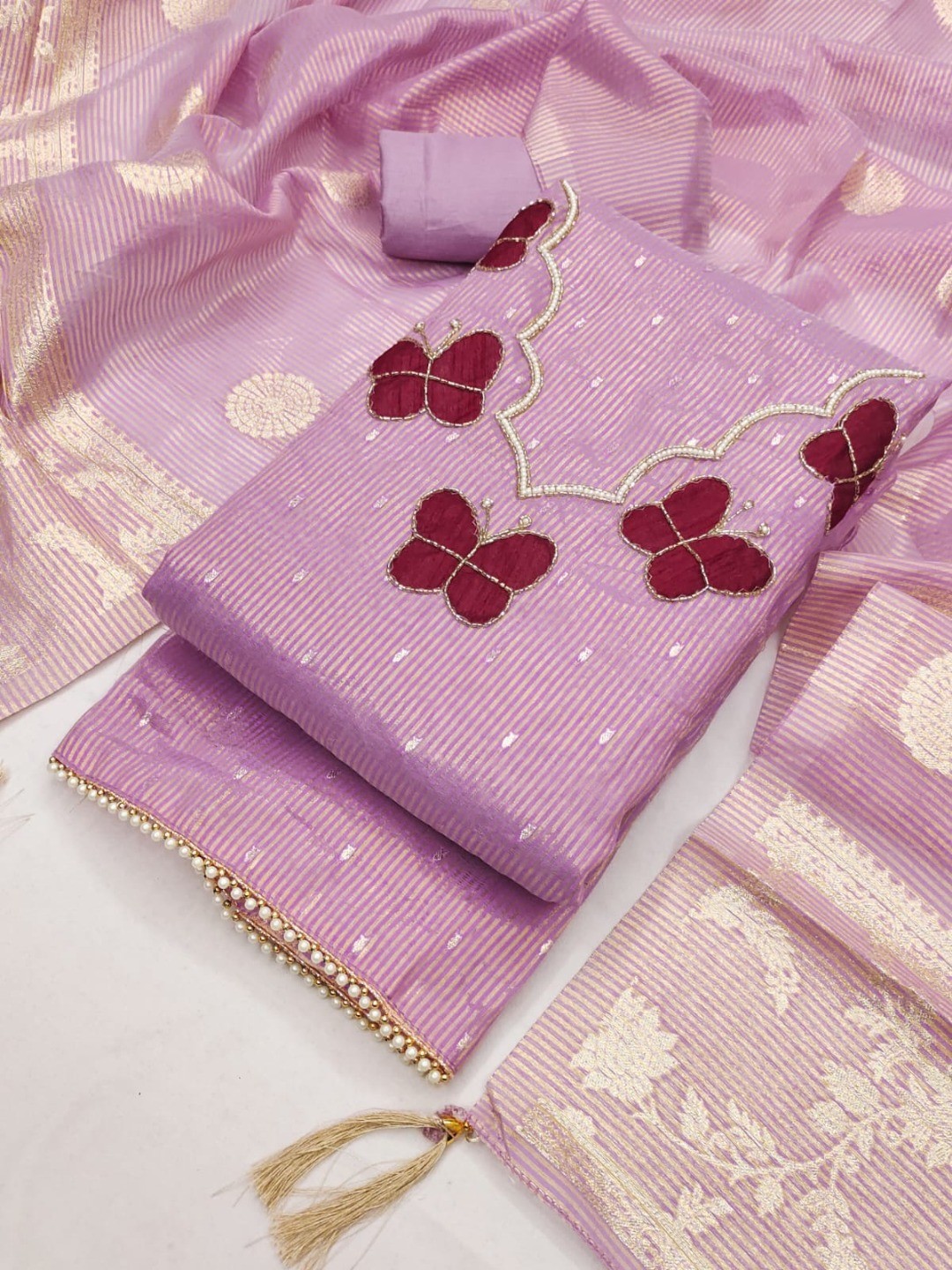Premium Lavender Striped Weaving Silk Blend Dress Material Enhanced with Beads & Moti Hand Work - Image 1