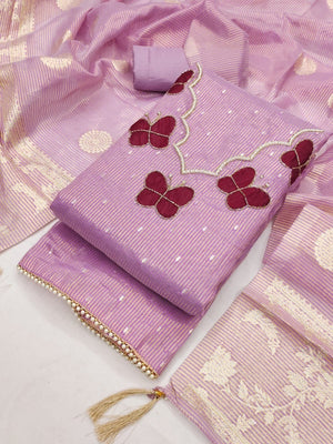 Premium Lavender Striped Weaving Silk Blend Dress Material Enhanced with Beads & Moti Hand Work - Image 1