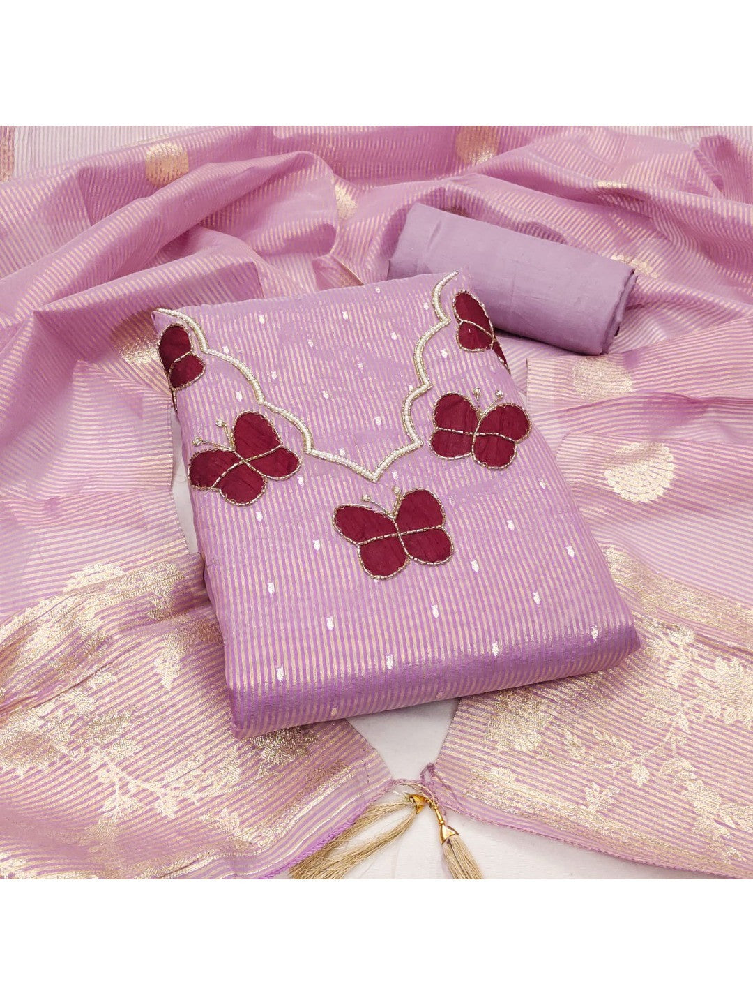 Premium Lavender Striped Weaving Silk Blend Dress Material Enhanced with Beads & Moti Hand Work - Image 6