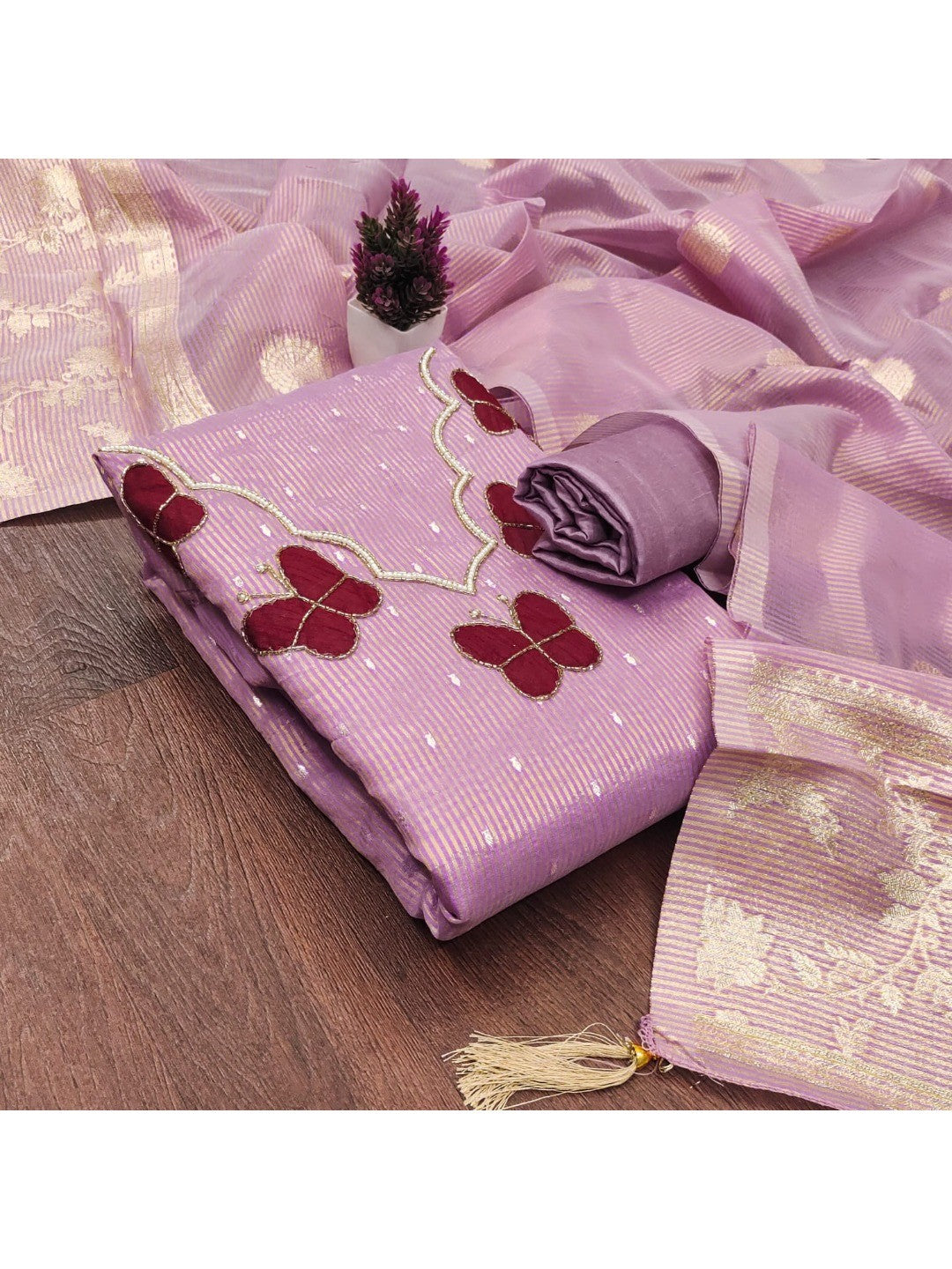 Premium Lavender Striped Weaving Silk Blend Dress Material Enhanced with Beads & Moti Hand Work - Image 4