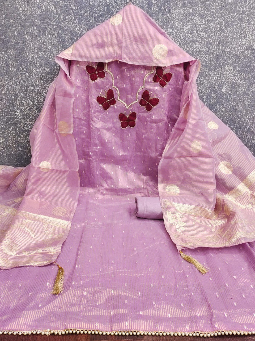 Premium Lavender Striped Weaving Silk Blend Dress Material Enhanced with Beads & Moti Hand Work - Image 5
