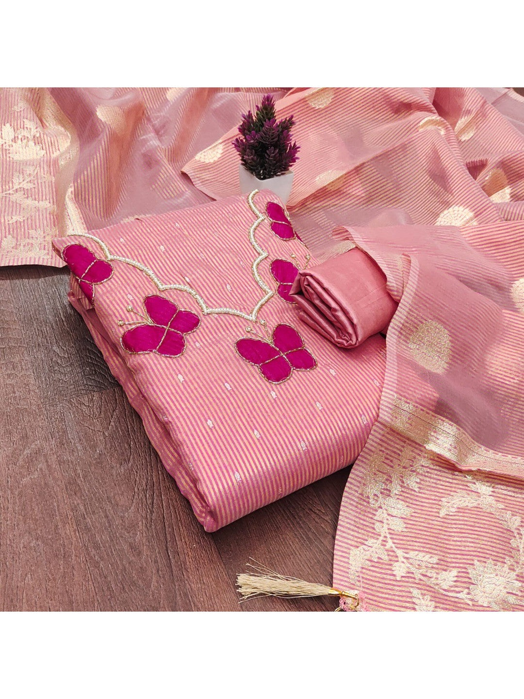 Premium Pink Striped Weaving Silk Blend Dress Material Enhanced with Beads & Moti Hand Work - Image 5
