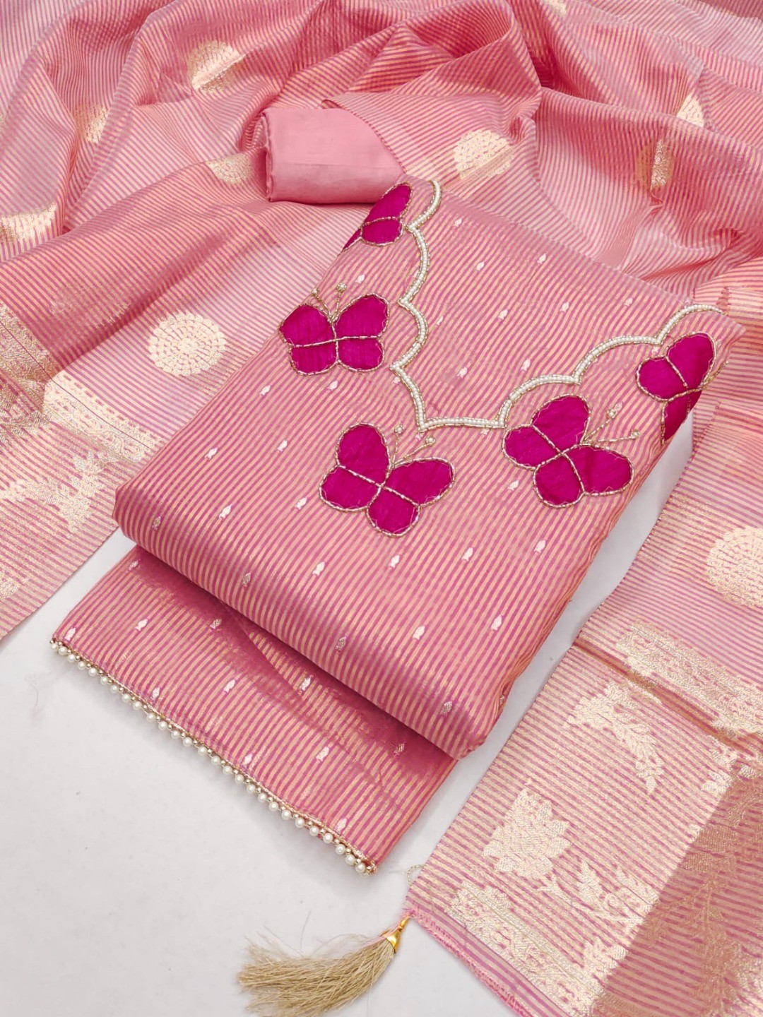 Premium Pink Striped Weaving Silk Blend Dress Material Enhanced with Beads & Moti Hand Work - Image 1