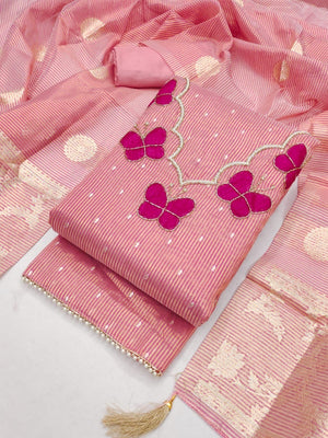 Premium Pink Striped Weaving Silk Blend Dress Material Enhanced with Beads & Moti Hand Work - Image 1