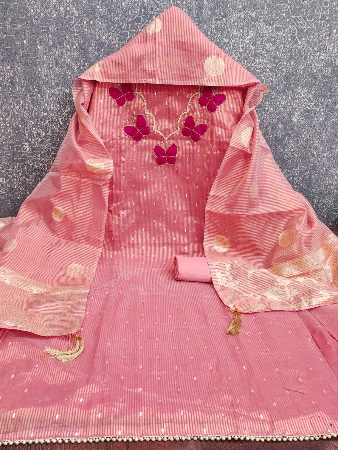 Premium Pink Striped Weaving Silk Blend Dress Material Enhanced with Beads & Moti Hand Work - Image 3