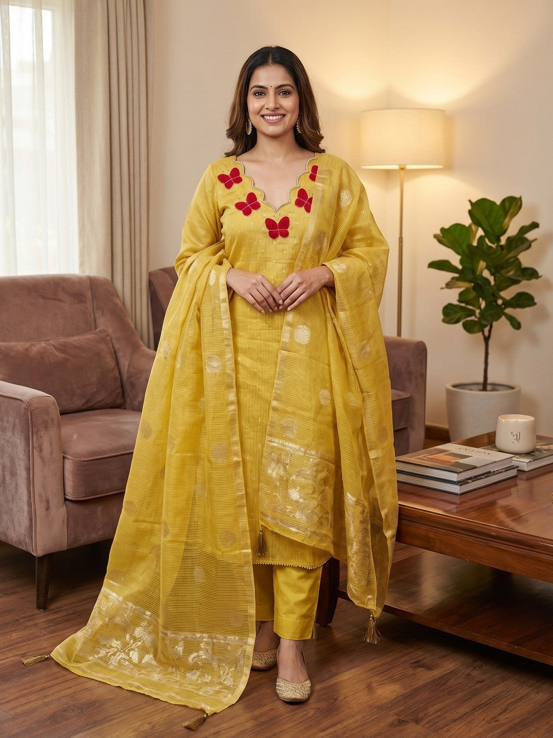 Premium Yellow Striped Weaving Silk Blend Dress Material Enhanced with Beads & Moti Hand Work - Image 2