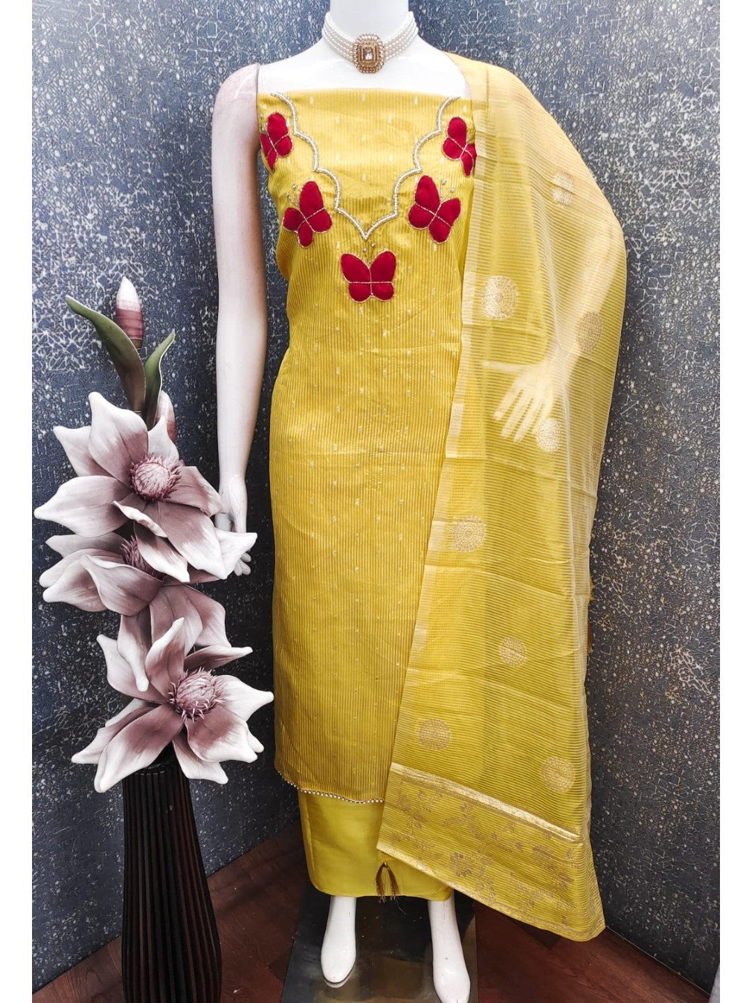 Premium Yellow Striped Weaving Silk Blend Dress Material Enhanced with Beads & Moti Hand Work - Image 3