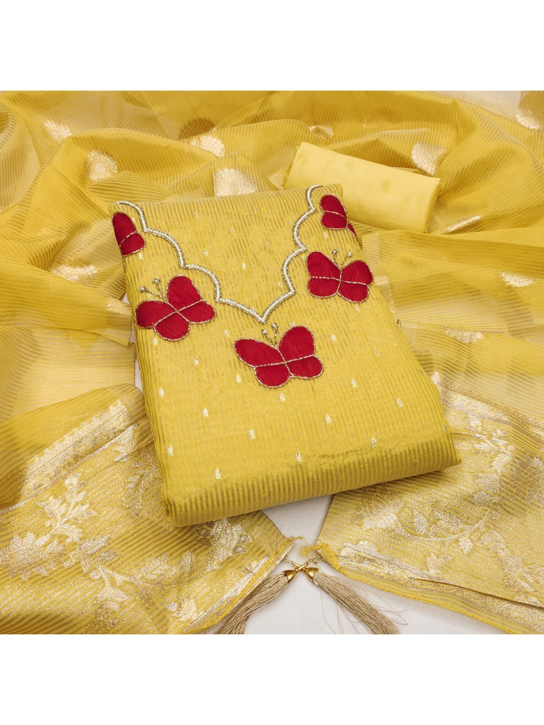 Premium Yellow Striped Weaving Silk Blend Dress Material Enhanced with Beads & Moti Hand Work - Image 5
