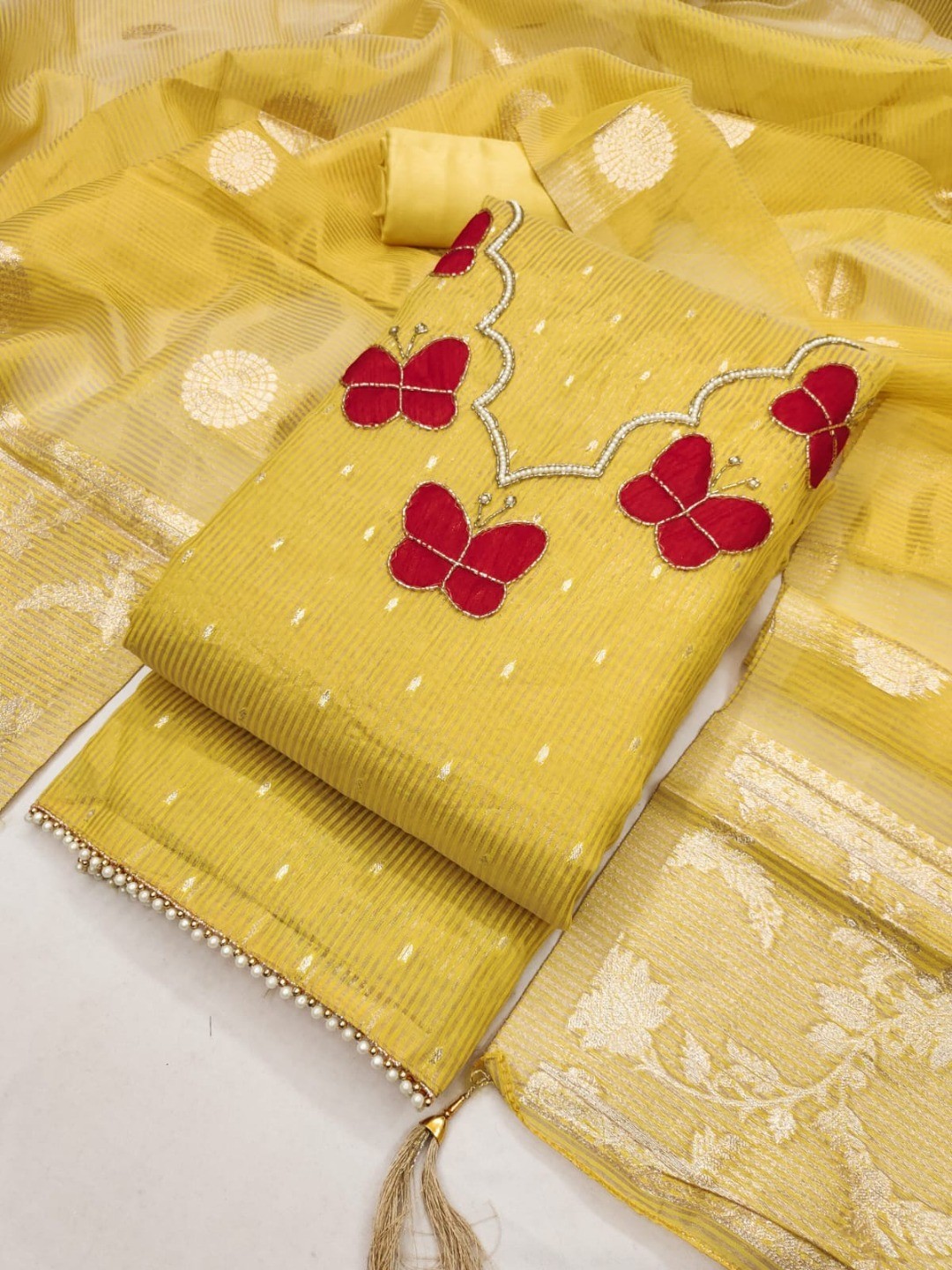 Premium Yellow Striped Weaving Silk Blend Dress Material Enhanced with Beads & Moti Hand Work - Image 1