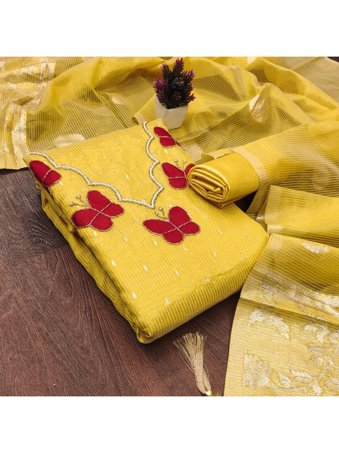 Premium Yellow Striped Weaving Silk Blend Dress Material Enhanced with Beads & Moti Hand Work - Image 6