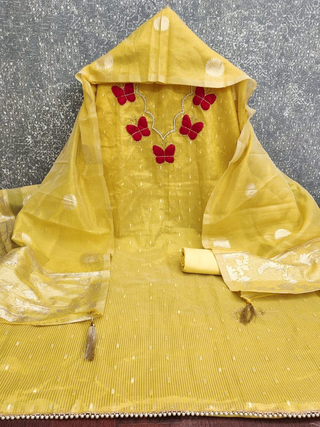 Premium Yellow Striped Weaving Silk Blend Dress Material Enhanced with Beads & Moti Hand Work - Image 4