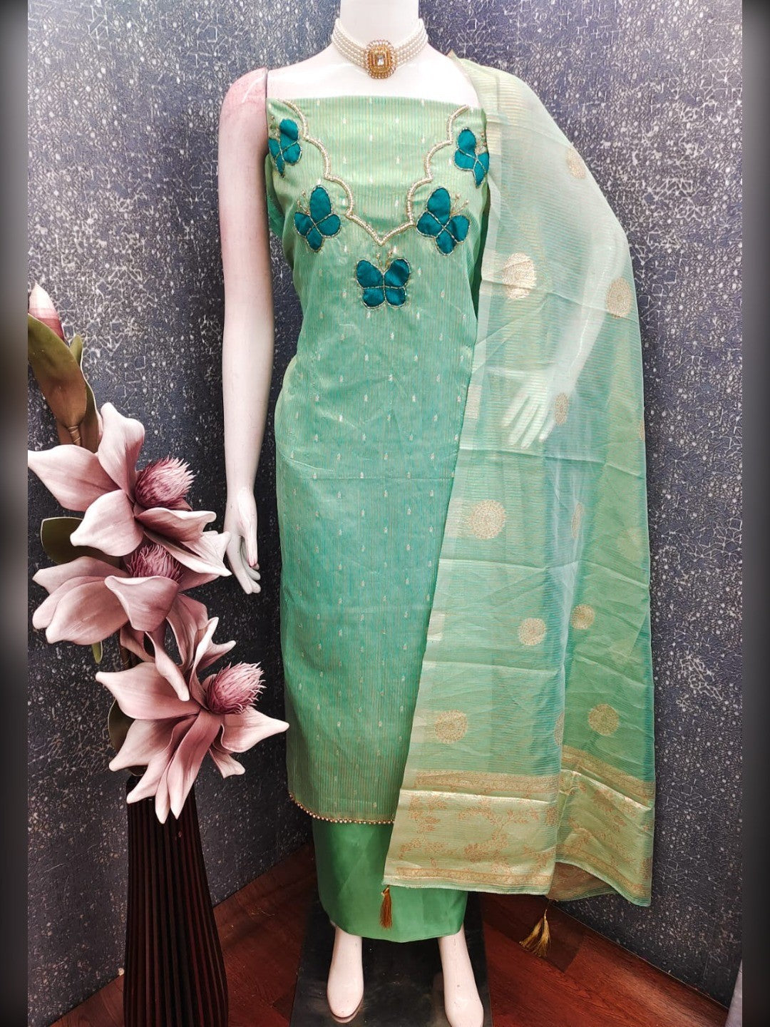 Premium Sea Green Striped Weaving Silk Blend Dress Material Enhanced with Beads & Moti Hand Work - Image 6