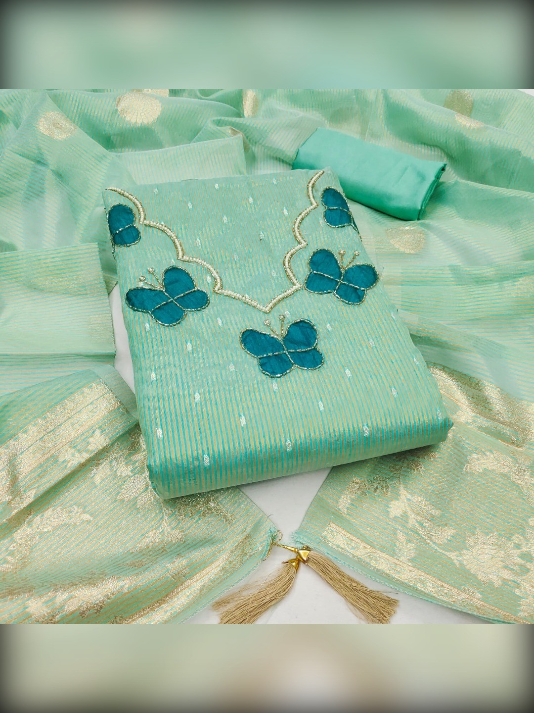 Premium Sea Green Striped Weaving Silk Blend Dress Material Enhanced with Beads & Moti Hand Work - Image 4