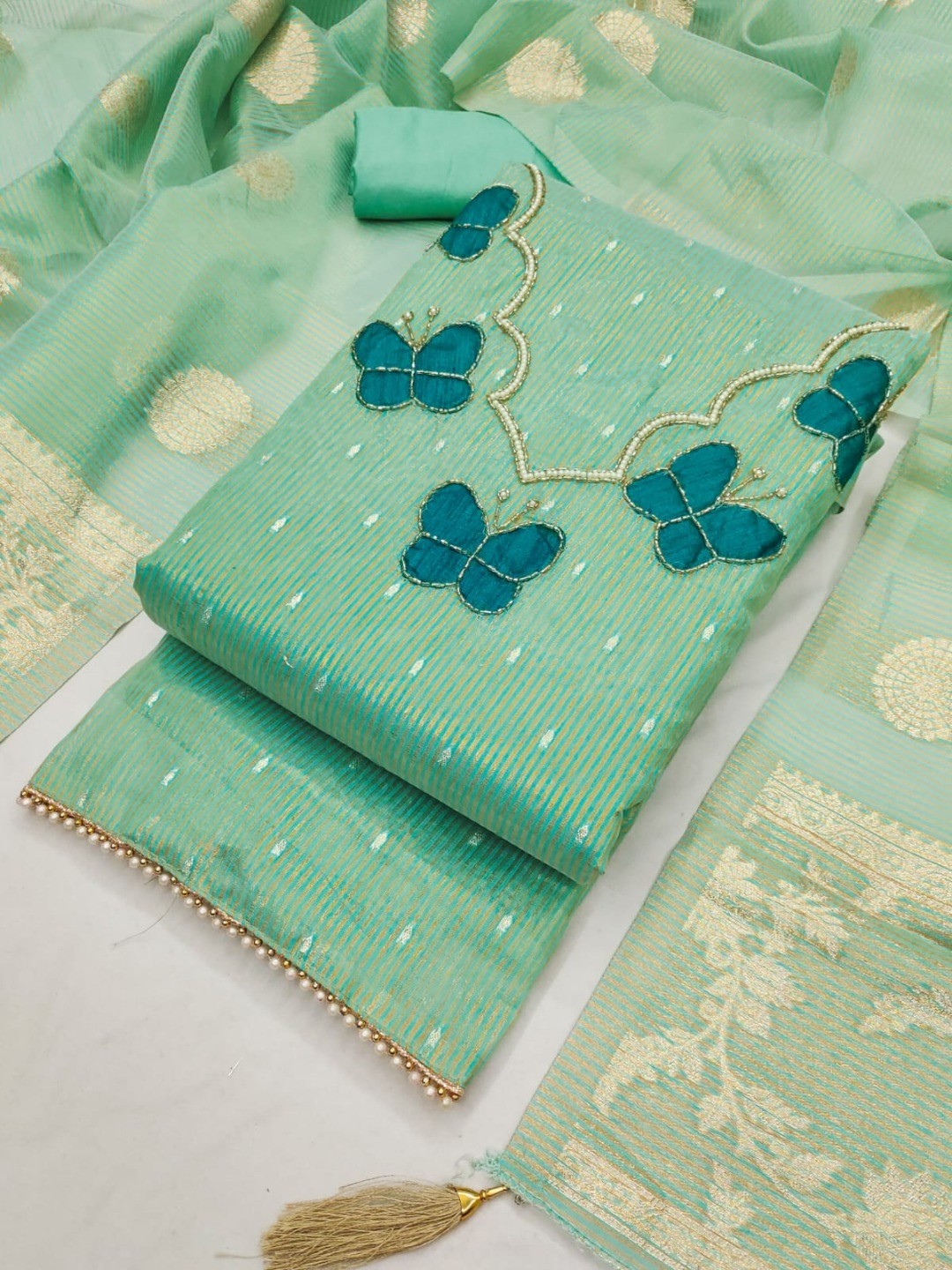 Premium Sea Green Striped Weaving Silk Blend Dress Material Enhanced with Beads & Moti Hand Work - Image 1
