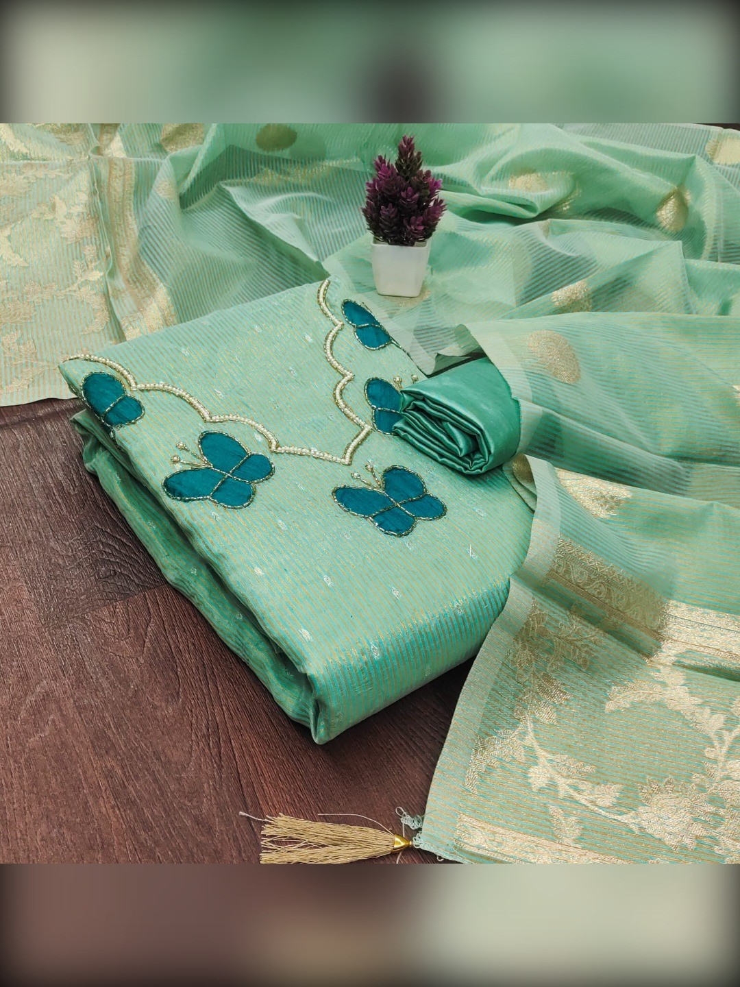 Premium Sea Green Striped Weaving Silk Blend Dress Material Enhanced with Beads & Moti Hand Work - Image 3