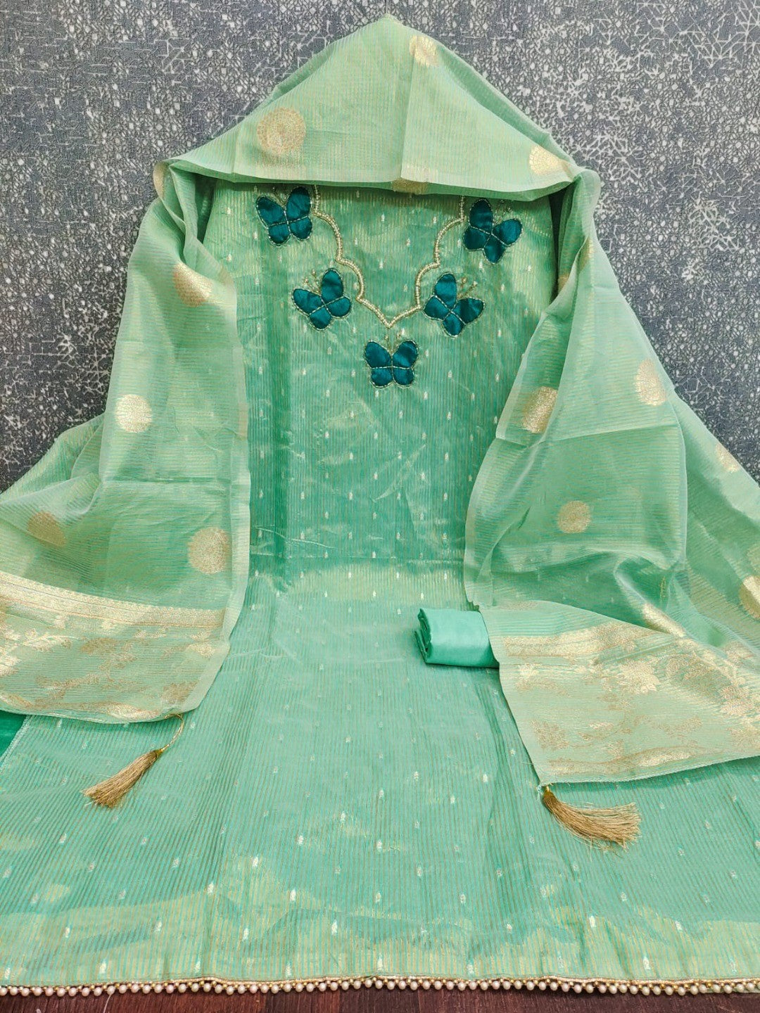 Premium Sea Green Striped Weaving Silk Blend Dress Material Enhanced with Beads & Moti Hand Work - Image 5