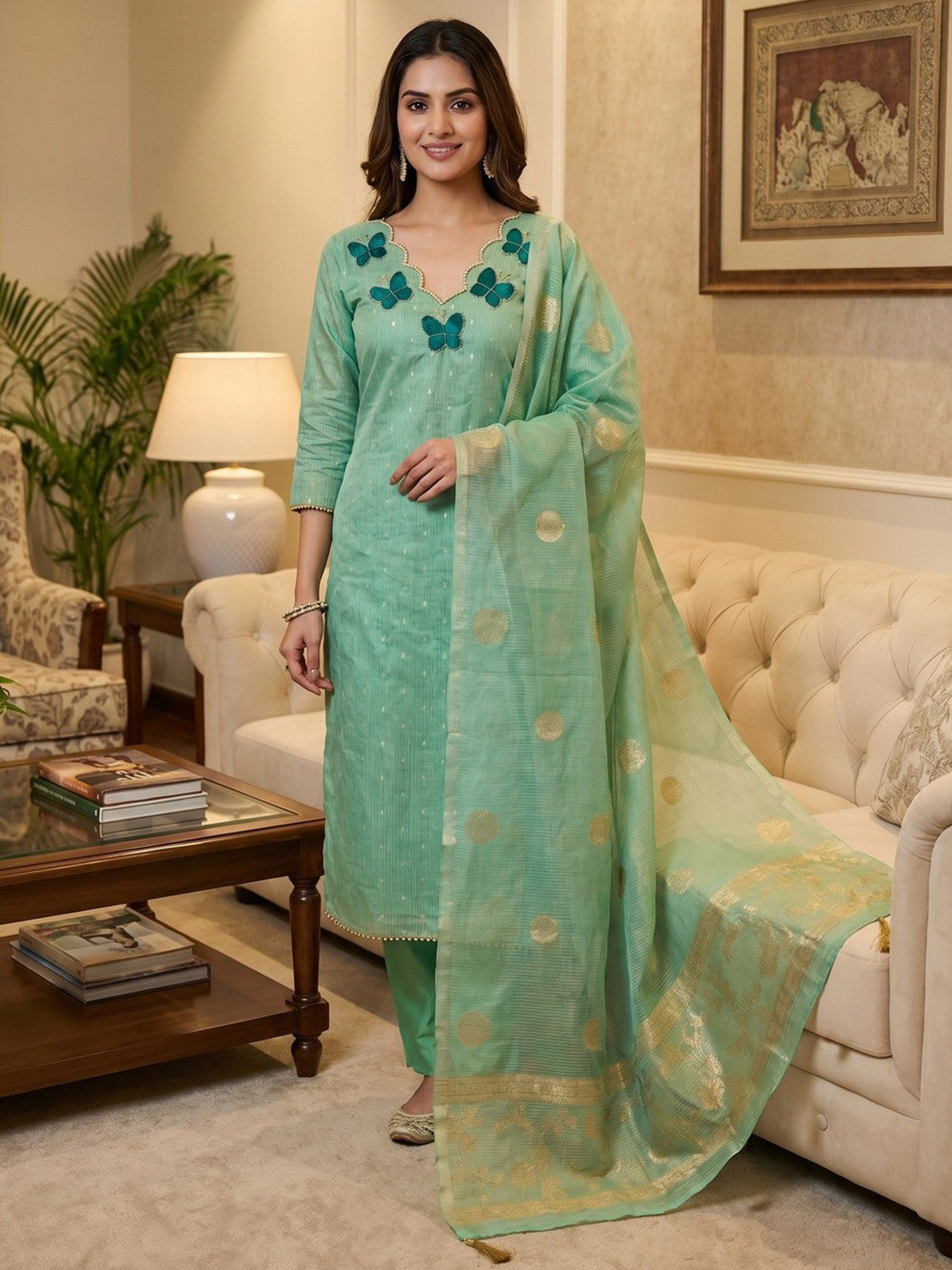 Premium Sea Green Striped Weaving Silk Blend Dress Material Enhanced with Beads & Moti Hand Work - Image 2