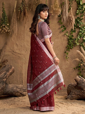 Maroon Linen Saree with Silver Border Lightweight Festive Ethnic Wear - Image 2
