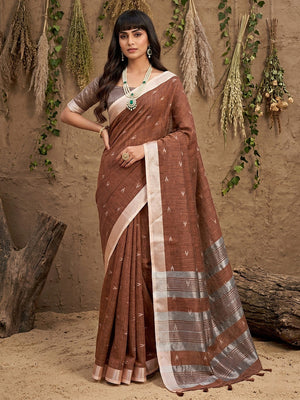Elegant Brown Linen Saree with Silver Border Lightweight Festive Ethnic Wear - Image 1