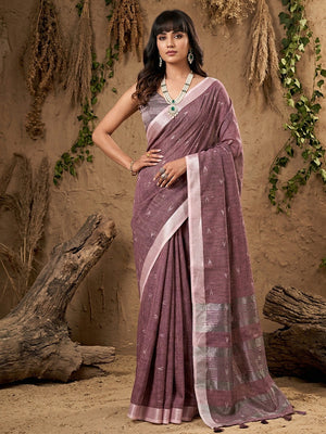Elegant Purple Linen Saree with Silver Border Lightweight Festive Ethnic Wear - Image 1
