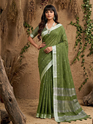 Elegant Green Linen Saree with Silver Border Lightweight Festive Ethnic Wear - Image 1