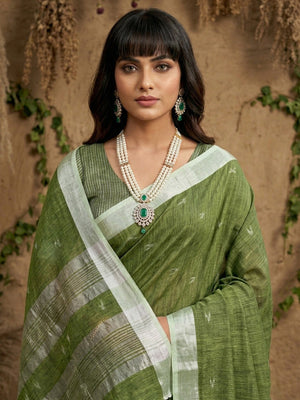 Elegant Green Linen Saree with Silver Border Lightweight Festive Ethnic Wear - Image 2