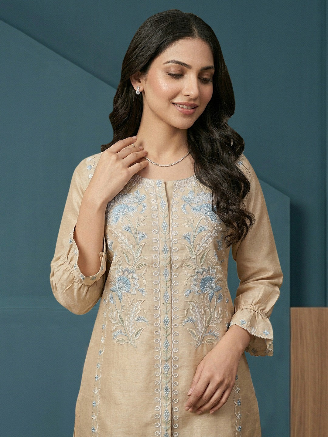Beige Crepe Straight Fit Top Bottom Set with Elegant Embroidery - Image 4
