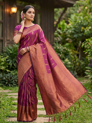 Purple Silk Blend Saree with Elegant Woven Design and Border Classic Ethnic Style - Image 1
