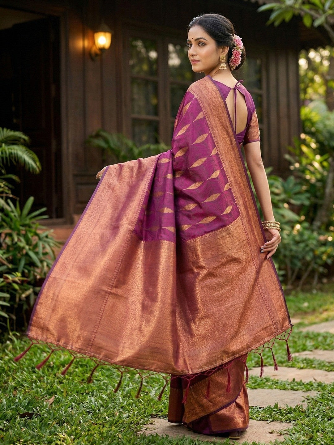 Purple Silk Blend Saree with Elegant Woven Design and Border Classic Ethnic Style - Image 2