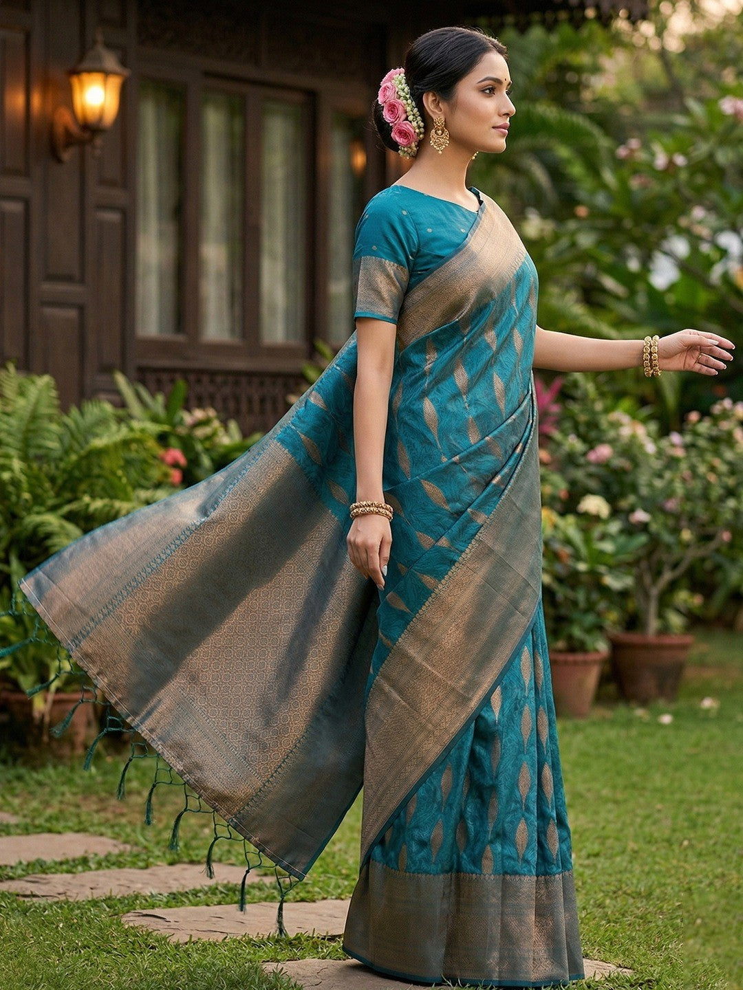 Rama Blue Silk Blend Saree with Woven Design and Zari Border - Image 2