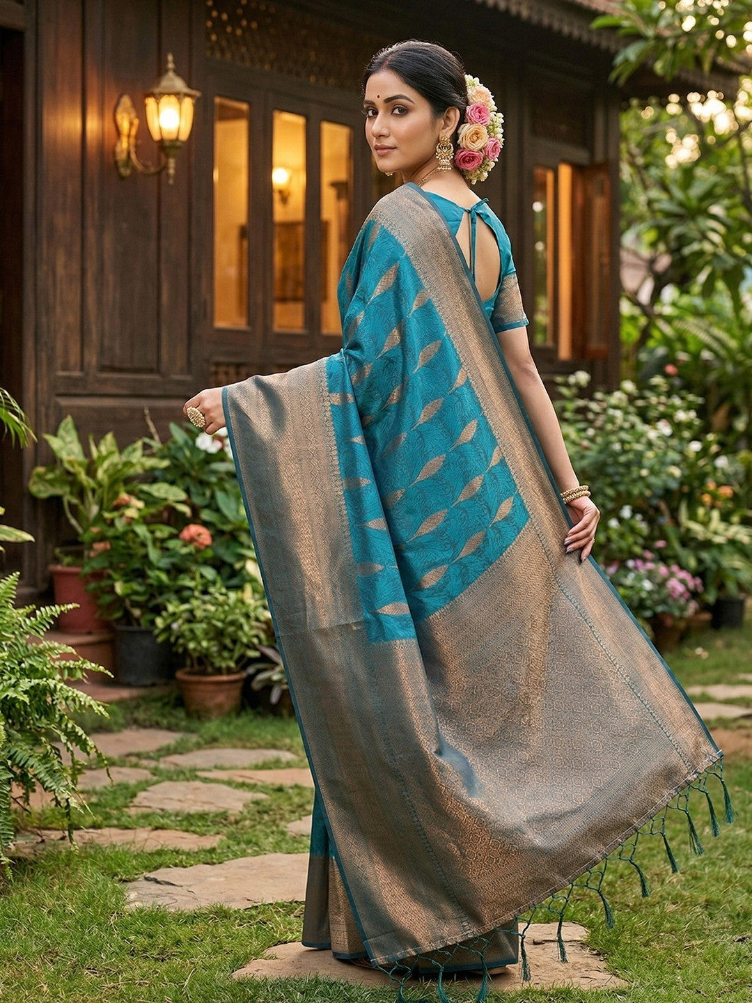 Rama Blue Silk Blend Saree with Woven Design and Zari Border - Image 3