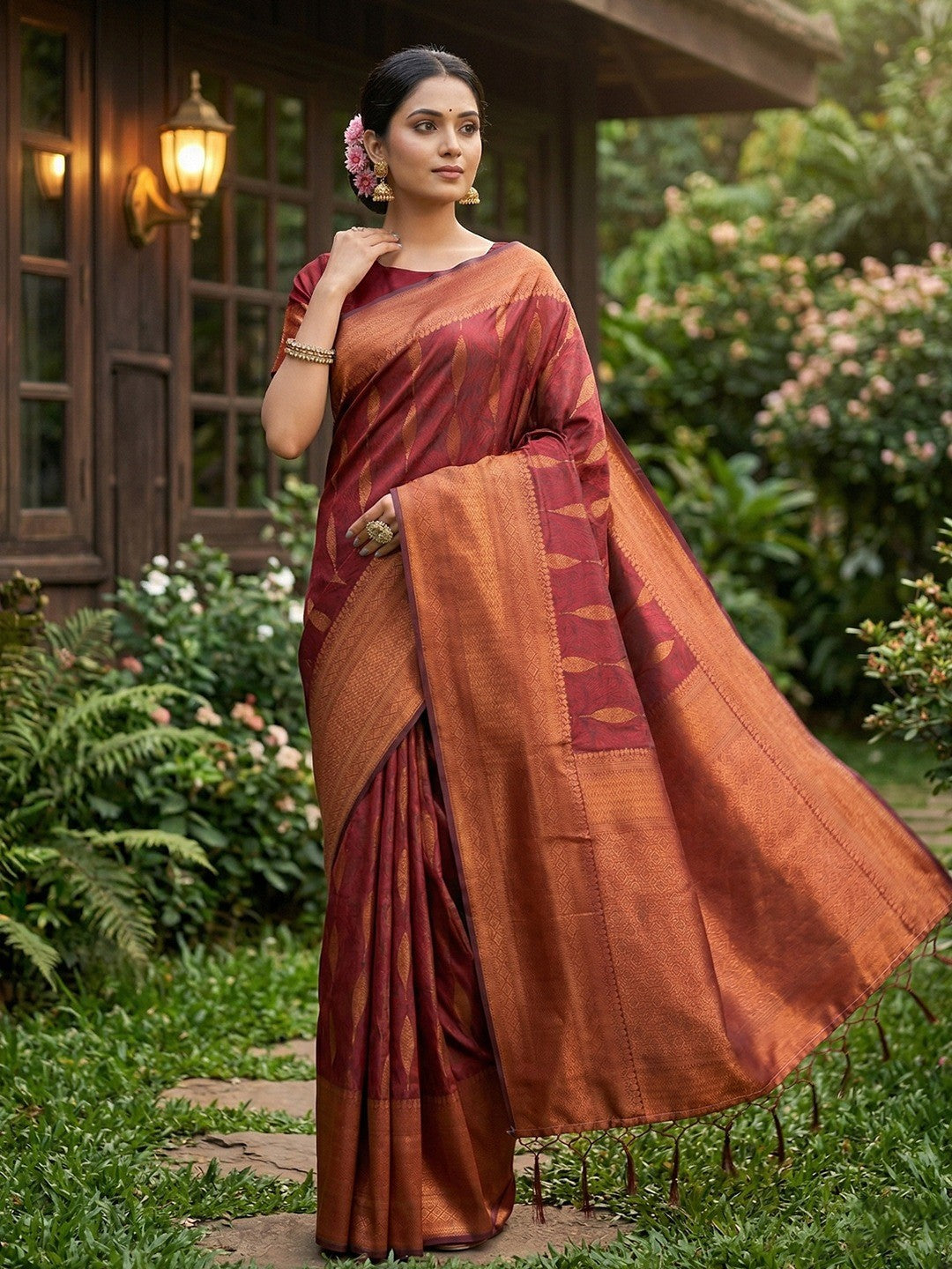 Soft Maroon Silk Blend Saree with Woven Design and Border Comfortable Ethnic Wear - Image 1