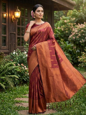 Soft Maroon Silk Blend Saree with Woven Design and Border Comfortable Ethnic Wear - Image 1