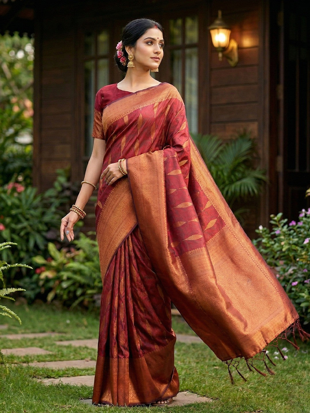 Soft Maroon Silk Blend Saree with Woven Design and Border Comfortable Ethnic Wear - Image 2