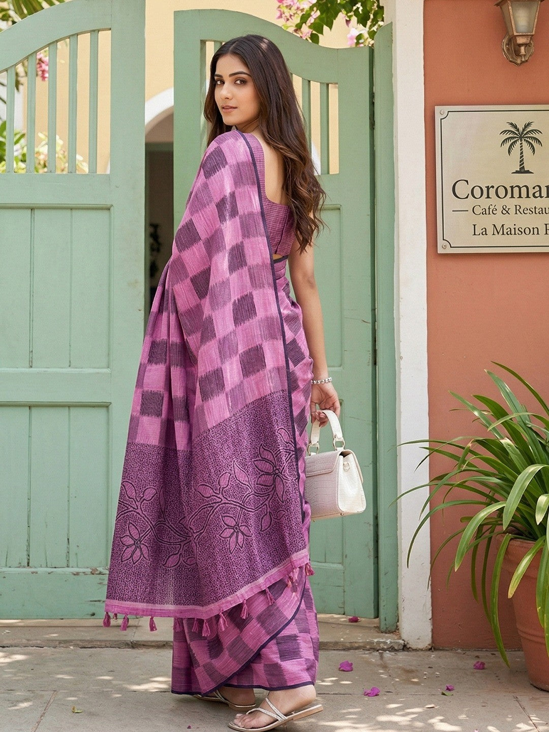 Purple Linen Saree with Checks and Contrast Border Comfortable Ethnic Wear - Image 3