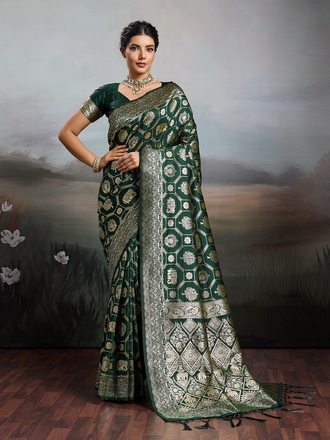 Graceful Green Floral & Elephant Motif Silk Blend Saree With Zari Weaving & Tassels Pallu - Image 1