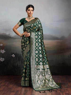 Graceful Green Floral & Elephant Motif Silk Blend Saree With Zari Weaving & Tassels Pallu - Image 1