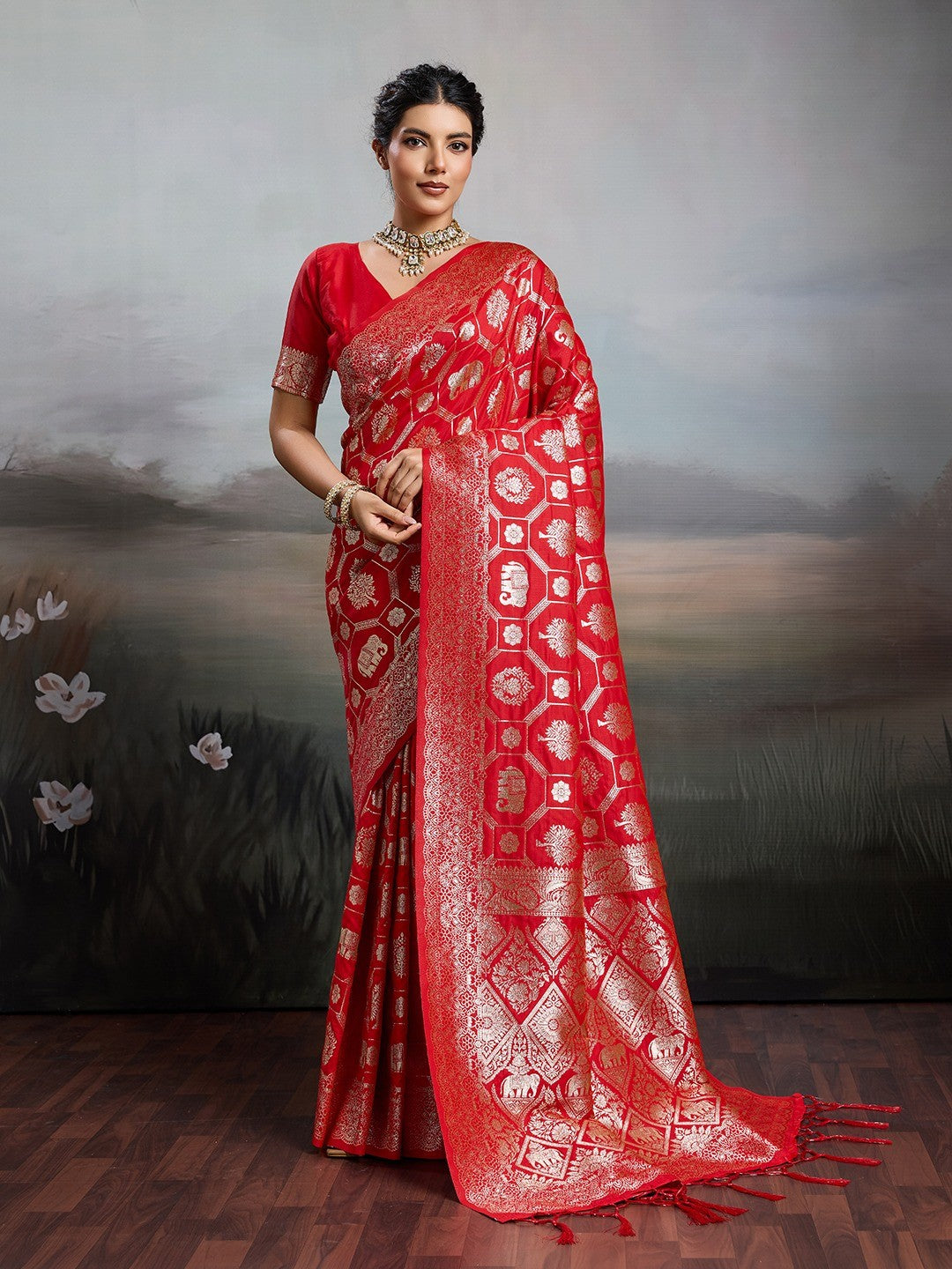 Elegant Red Silk Blend Saree with Zari Woven Elephant Motifs - Image 1