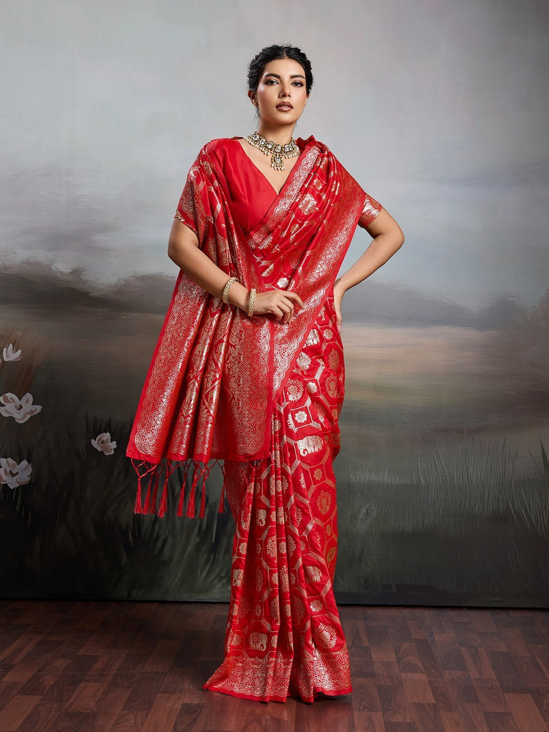 Elegant Red Silk Blend Saree with Zari Woven Elephant Motifs - Image 7