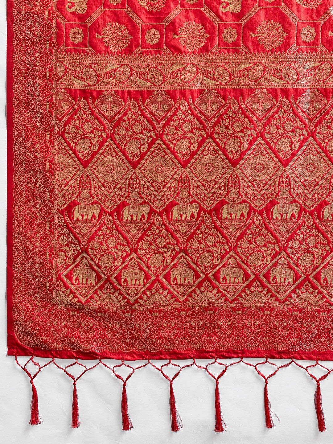 Elegant Red Silk Blend Saree with Zari Woven Elephant Motifs - Image 2