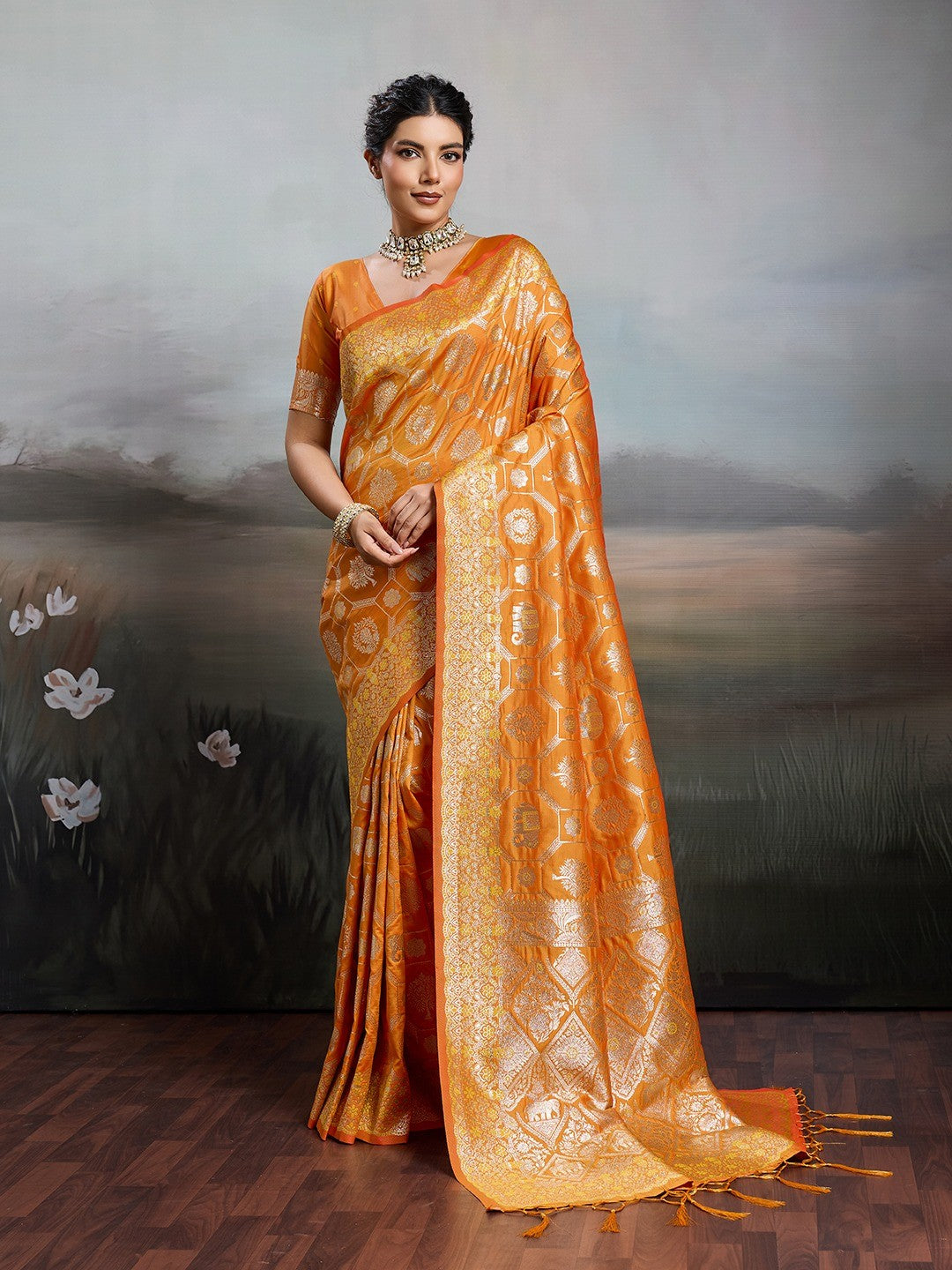 Elegant Orange Floral & Elephant Motif Silk Blend Saree with Zari Work - Image 1