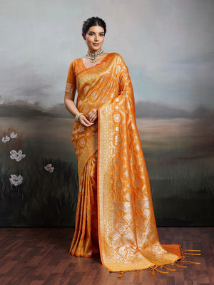 Elegant Orange Floral & Elephant Motif Silk Blend Saree with Zari Work - Image 1
