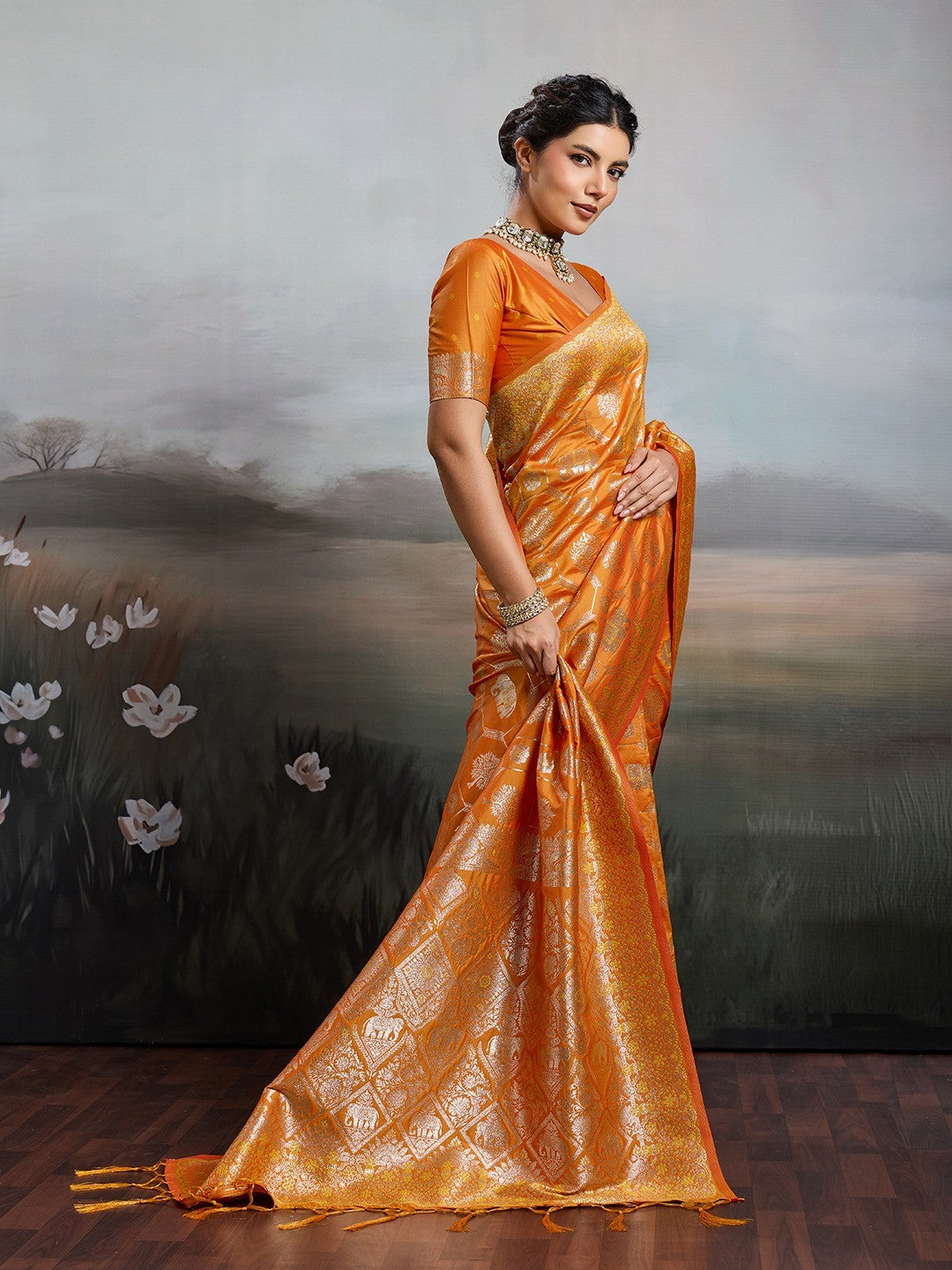 Elegant Orange Floral & Elephant Motif Silk Blend Saree with Zari Work - Image 7