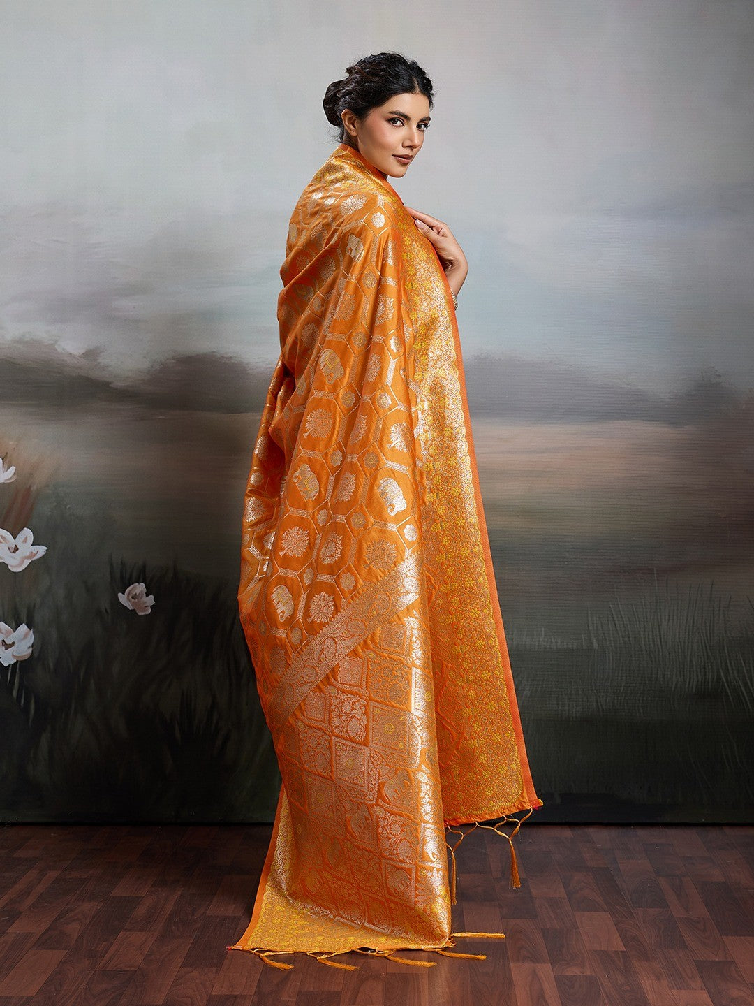 Elegant Orange Floral & Elephant Motif Silk Blend Saree with Zari Work - Image 2